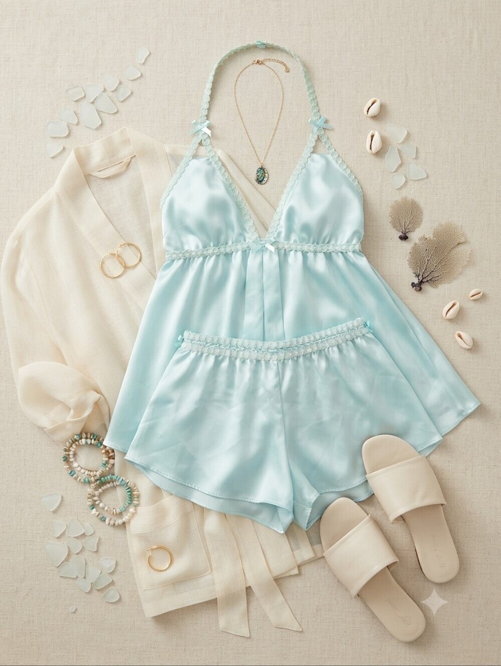 Betsey Johnson Blue Silky Lingerie Top & Short Set